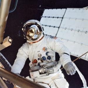 Astronaut Jack R. Lousma, Skylab 3 pilot, participates in the Aug. 6, 1973 spacewalk.