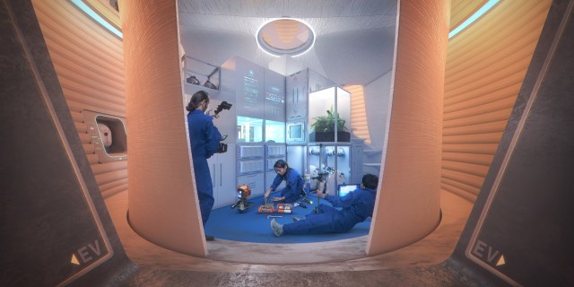 This is a digitally generated image mockup that shows three people inside a 3D-printed habitat. The subjects are wearing blue jumpsuits and are surrounded by white cabinetry and shelves in a circular room with a staircase ascending the back wall. A large plant grows in a clear enclosure on one of the shelves and sets of white gloves hang underneath. One of the subjects, a woman with long, dark brown hair, is kneeling on the floor as she tinkers with a small robot-like mechanism. Another subject, who has short dark hair, lays on the floor with their back to the camera as they hold a mechanism and type on a computer. The third subject, a man with long dark hair tied in a low bun, films the other two with a complex set of cameras.