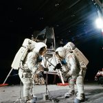 Neil Armstrong and Buzz Aldrin do lunar EVA training prior to their mission.