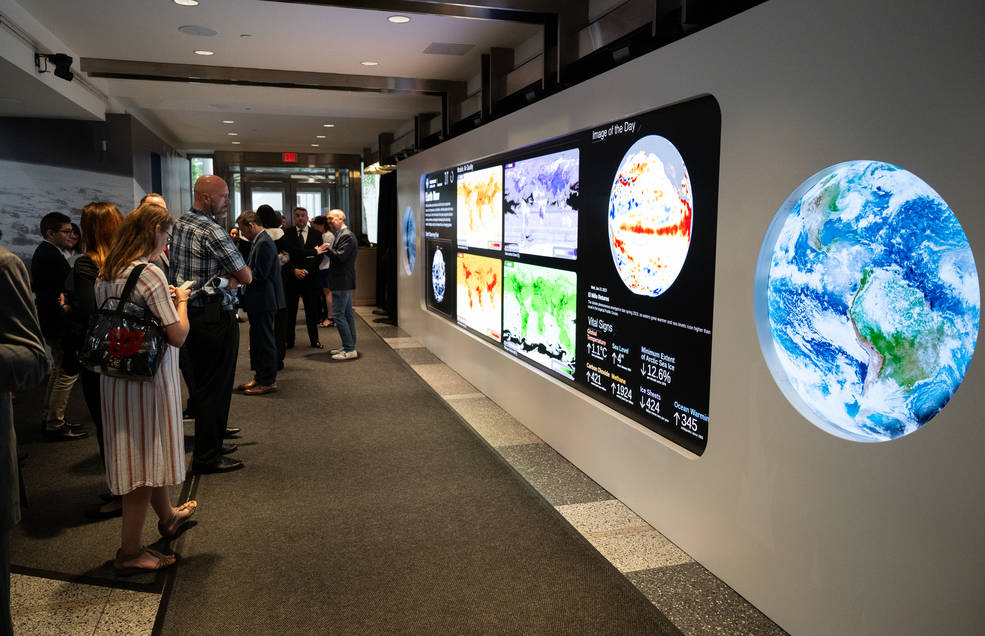 The hyperwall of NASAs Earth Information Center is seen, Wednesday, June 21, 2023, at the Mary W. Jackson NASA Headquarters building in Washington.