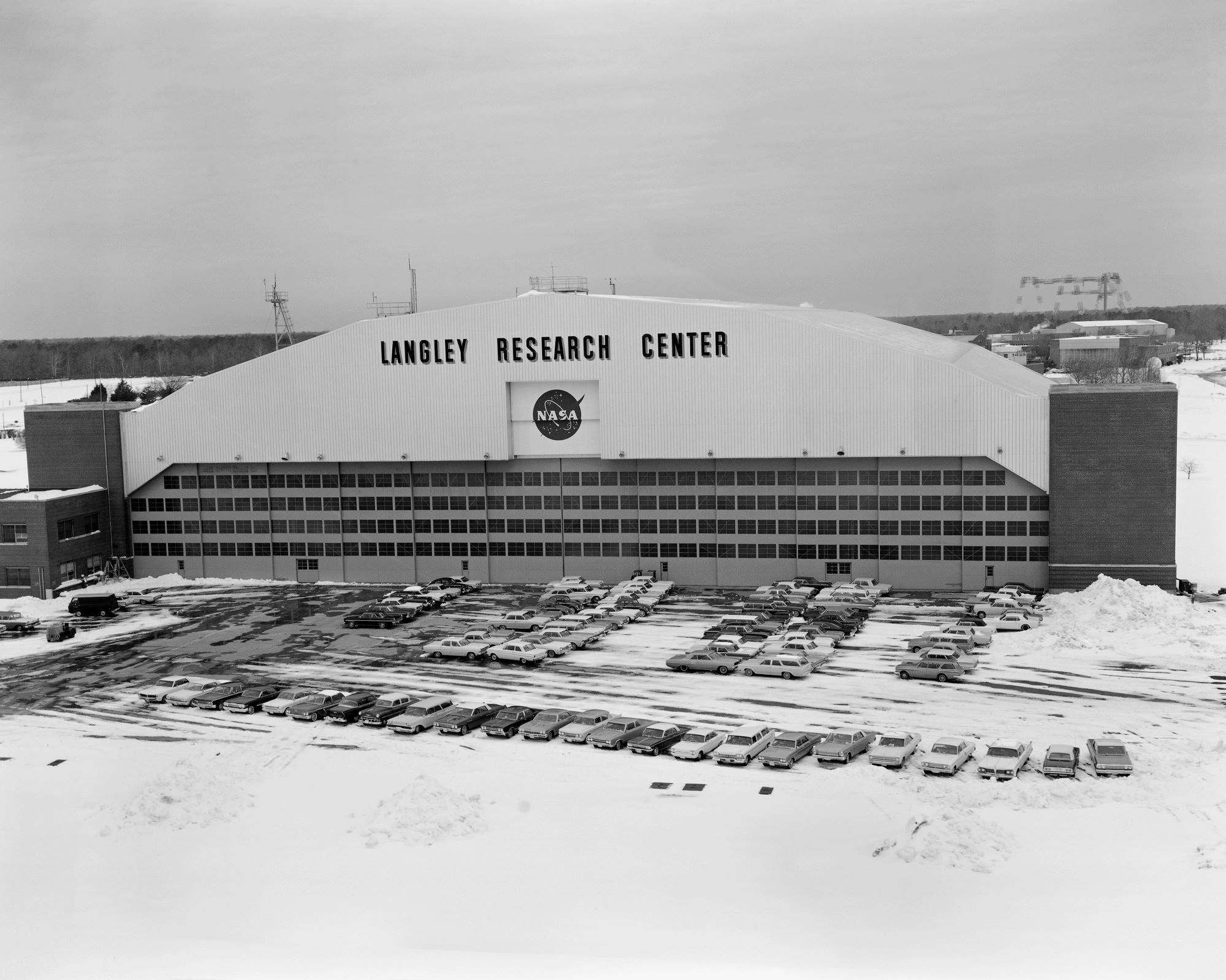 Aerial of snow of Langley Research Center's Flight Research Hangar.