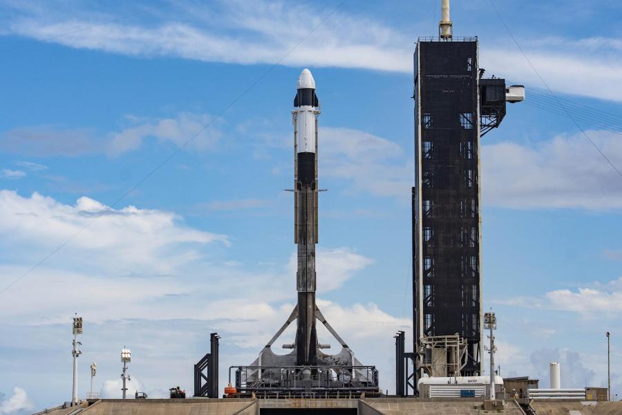The SpaceX Falcon 9 rocket with the Dragon spacecraft atop is on the pad at Launch Complex 39A at NASA’s Kennedy Space Center in Florida on June 2, 2023.