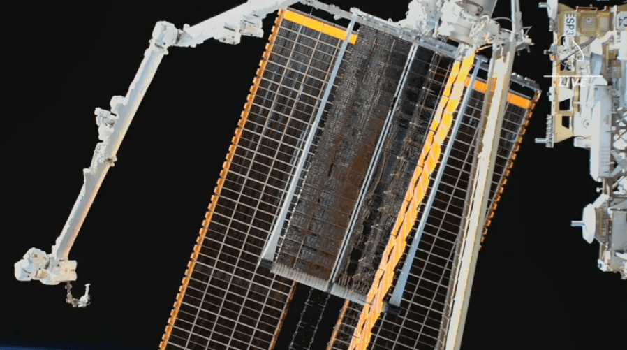 A view of the new roll-out solar array unfolding after NASA astronauts Steve Bowen and Woody Hoburg successfully installed it to the 1B power channel on June 15, 2023.