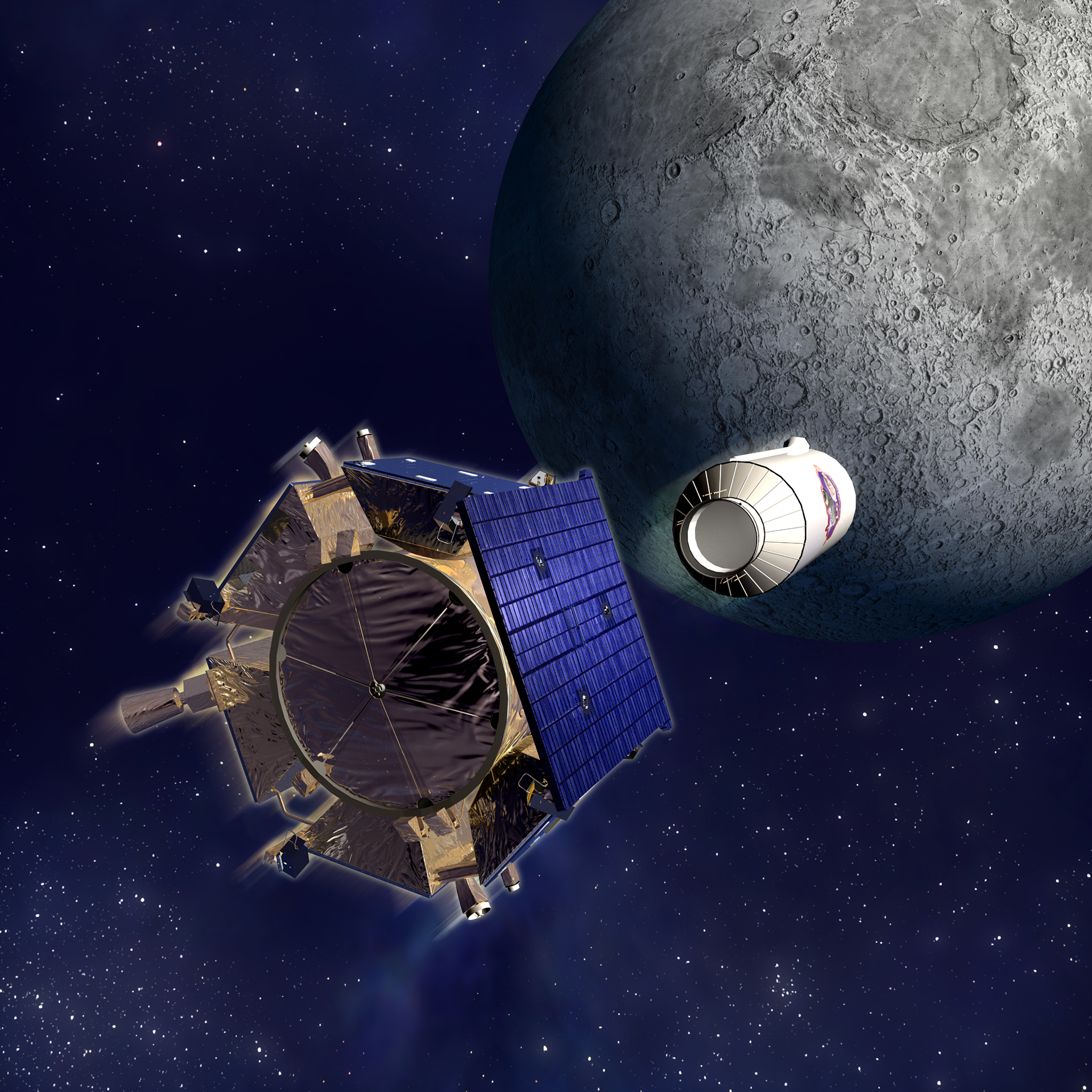 Artist's illustration of the Lunar Crater Observation and Sensing Satellite (LCROSS) separating from the rocket stage while both are on a collision course with the Moon, shown in the background.