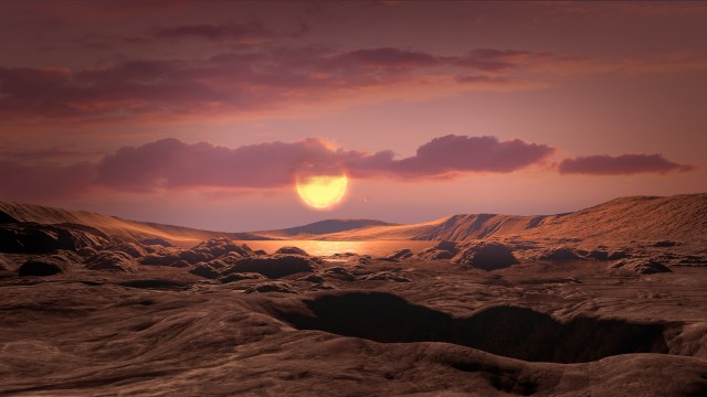 Illustration of a rocky landscape, with water features and a yellow star low on the horizon. Dark clouds in the sky are illuminated pink at their edges.