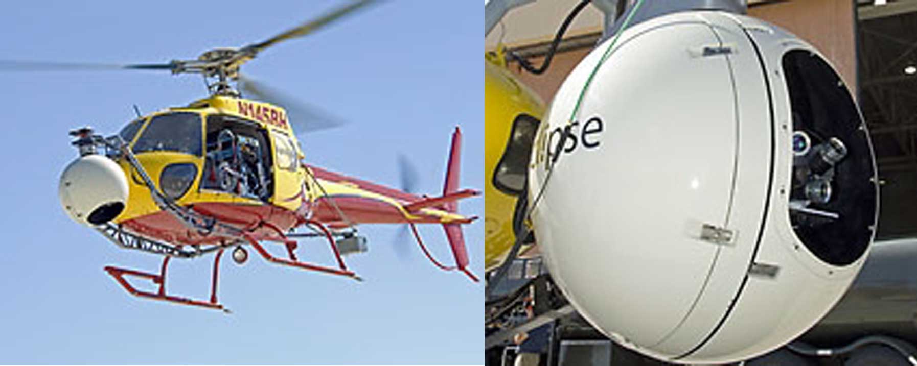 On the left, A sophisticated lidar device designed to detect potential landing site hazards for future autonomous lunar landers projects from the nose of a helicopter during August flight tests at NASA Dryden. A variety of lenses used by the gimbal-mounted lidar device are visible through the opening in its ball-shaped housing o the right.