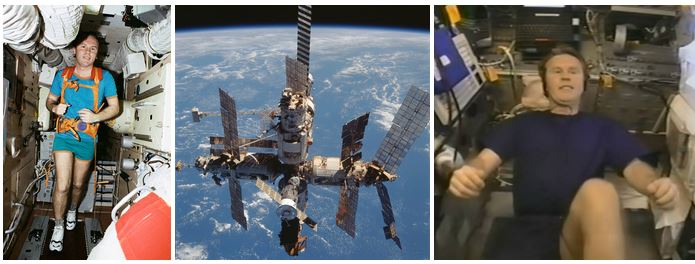 Left: While aboard Mir, NASA astronaut Andrew S.W. Thomas exercised regularly on the station’s treadmill. Middle: View of Mir taken from space shuttle Discovery during the post-undocking flyaround. Right: Now an STS-91 crew member, Thomas exercises on the shuttle’s bicycle ergometer.