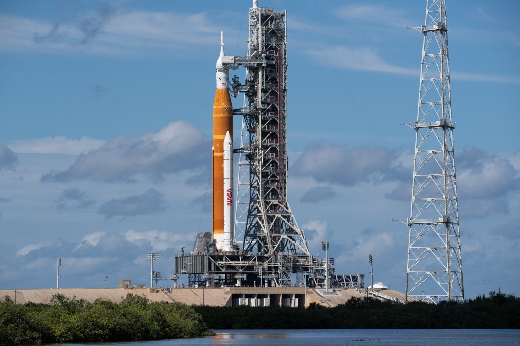 NASA’s Space Launch System (SLS) rocket with the Orion spacecraft aboard is seen atop the mobile launcher at Launch Pad 39B, Friday, Nov. 11, 2022, at NASA’s Kennedy Space Center in Florida.