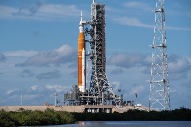 NASA’s Space Launch System (SLS) rocket with the Orion spacecraft aboard is seen atop the mobile launcher at Launch Pad 39B, Friday, Nov. 11, 2022, at NASA’s Kennedy Space Center in Florida.