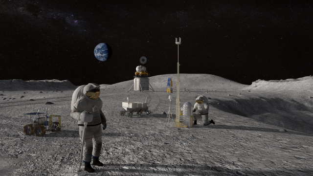 A NASA artist's illustration of astronauts working on the lunar surface.