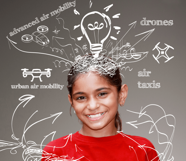A young girl smiling with an illustration of a lightbulb over her head