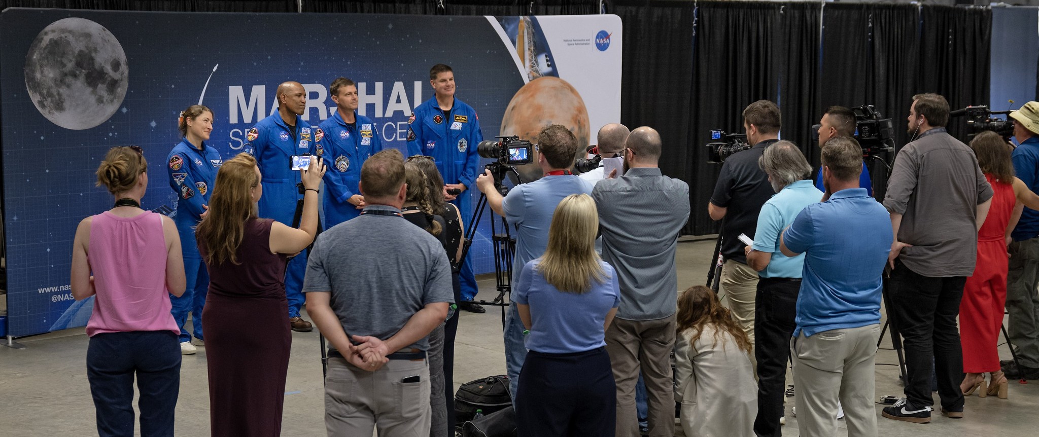 NASA’s Artemis II Crew members participate in a media opportunity during their visit on Sept. 1, 2026, at the agency’s Marshall Space Flight Center in Huntsville, Alabama.