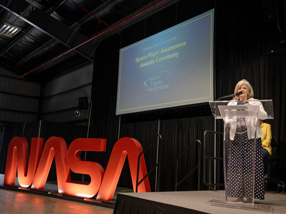 NASA Marshall Space Flight Center Director Jody Singer speaks during the Space Flight Awareness Awards Ceremony on June 13.