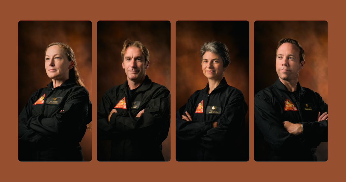 The official mission portraits of the CHAPEA Mission 1 crew. (From left) CHAPEA Commander, Kelly Haston; Flight Engineer, Ross Brockwell; Science Officer, Anca Selariu; Medical Officer, Nathan Jones.