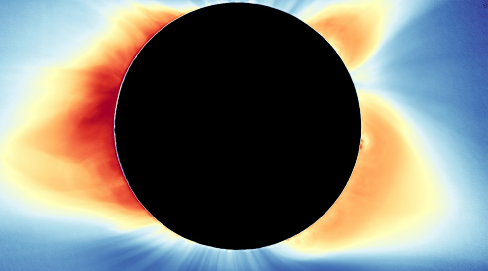 A black circle fills the middle of the image. Along its edges are orange and red swaths of color, bleeding out into a light and dark blue sky.