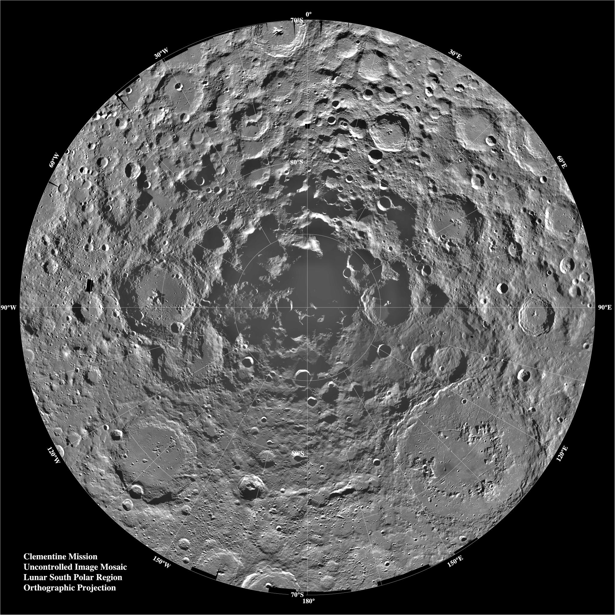CLPS This orthographic projection is centered on the south polar region of the moon as seen by NASA's Clementine spacecraft. The Schrodinger Basin is located in the lower right of the mosaic.