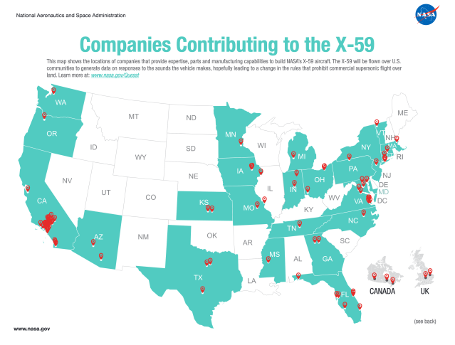 Map of the United States showing states that contribute to the X-59. (WA, OR, CA, AZ, TX, KS, MN, IA, MO, MS, TN, GA, FL,NC, VA, MD, DC, DE, PA, NY, NJ, RI, NH, VT, CT, MA, IN, OH, MI. Also showing a small map of Canada and the UK.
