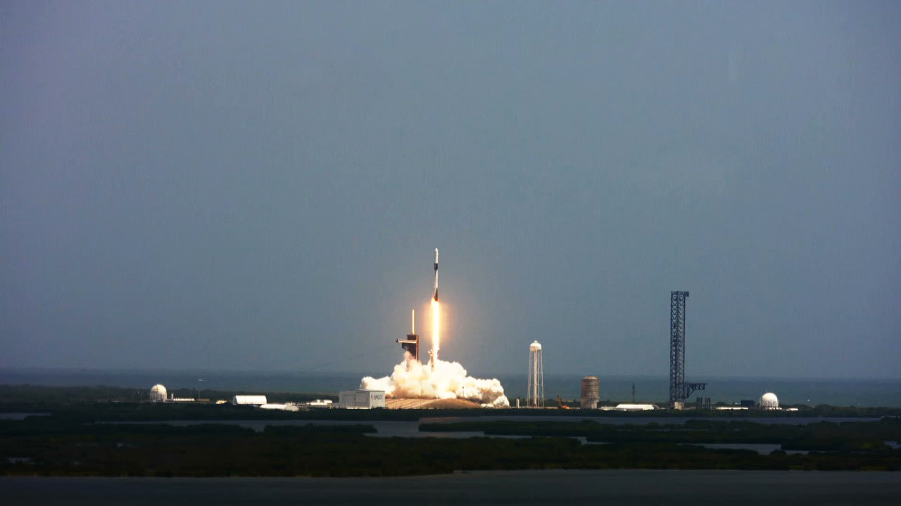 A SpaceX Falcon 9 rocket soars upward after its liftoff from Launch Complex 39A at NASA’s Kennedy Space Center in Florida on June 5, 2023, on the company’s 28th Commercial Resupply Services mission for the agency to the International Space Station. Liftoff was at 11:47 a.m. EDT.