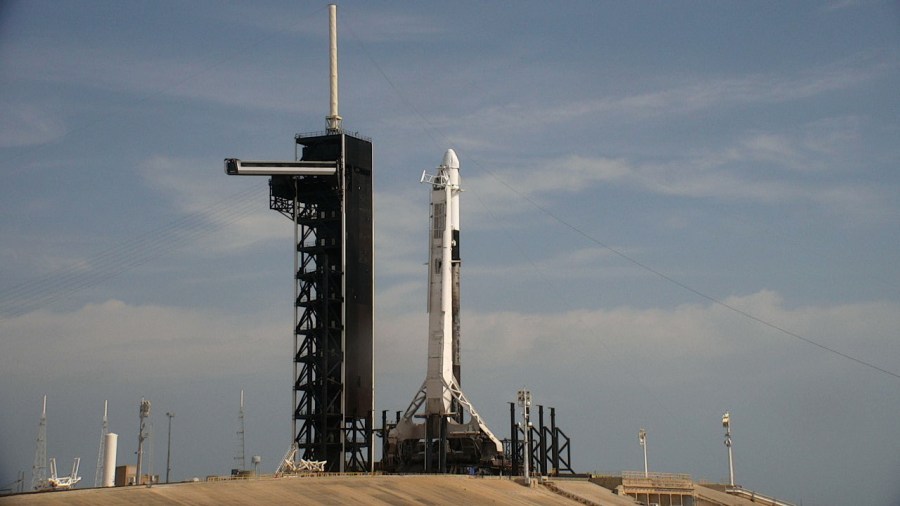 Ahead of the SpaceX's 28th cargo mission for NASA, the company's Falcon 9 rocket with the Dragon spacecraft atop stands on the pad at Launch Complex 39A at the agency's Kennedy Space Center in Florida on June 5, 2023.