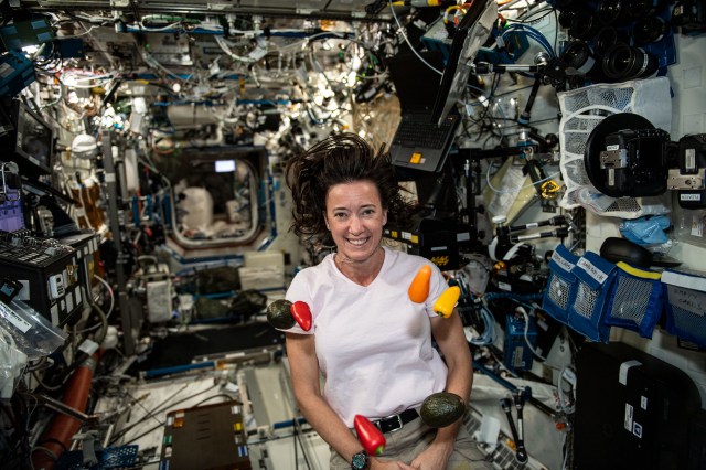 A fair-skinned woman with dark brown hair smiles as she floats in zero gravity aboard the International Space Station. She is wearing a white t-shirt and gray cargo pants with a dark belt and a wristwatch. Floating in front of her are two avocados and four mini bell peppers. Behind her are many wires, mechanisms and storage containers affixed to the walls of the International Space Station corridor.