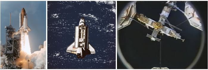 Left: Launch of Discovery on the STS-91 mission. Middle: Space shuttle Discovery as it approaches the Russian space station Mir, with the Spacehab module and the AMS-01 particle physics experiment visible in the cargo bay. Right: The Mir space station seen from Discovery shortly before docking.