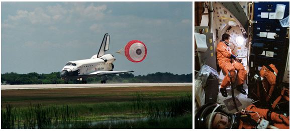 Left: Space shuttle Discovery lands at NASA’s Kennedy Space Center in Florida to end the STS-91 mission and close-out the Shuttle-Mir Program. Right: Following landing, returning long-duration crew member Andrew S.W. Thomas, bottom, remains in his recumbent seat while STS-91 astronaut Franklin R. Chang-Díaz looks out the side hatch window at recovery teams.