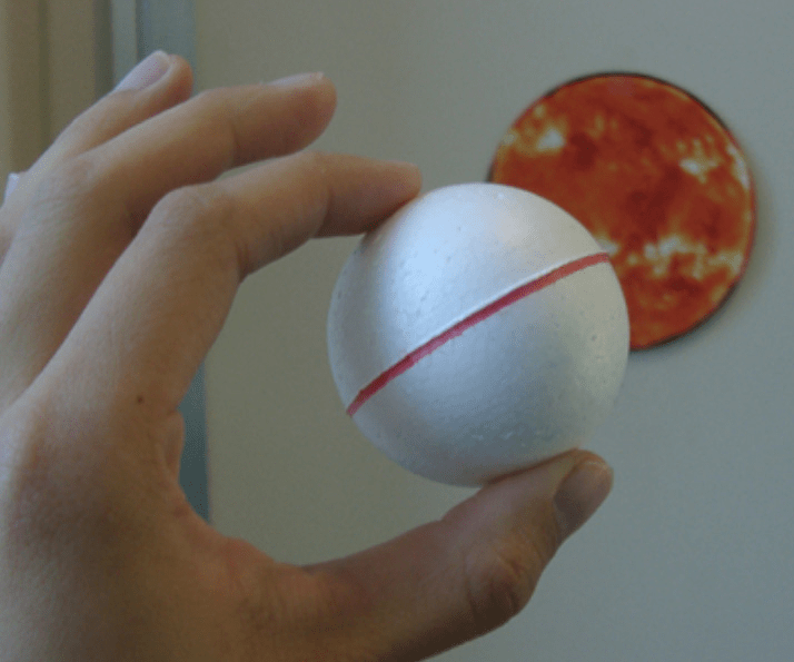 A hand holding a styrofoam ball in front of an illustration of the Sun
