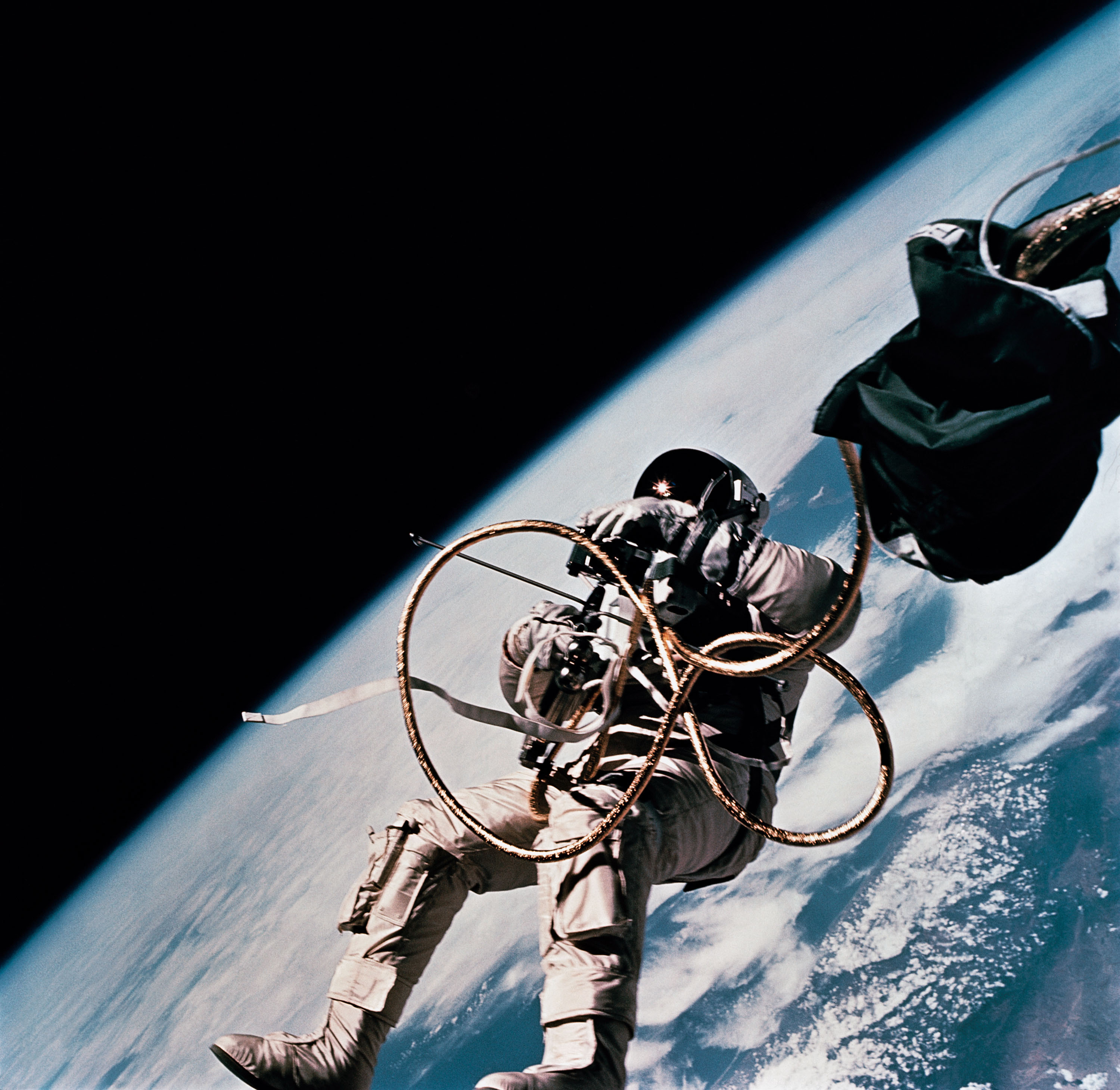 NASA astronaut Ed White free floating in space during a spacewalk.