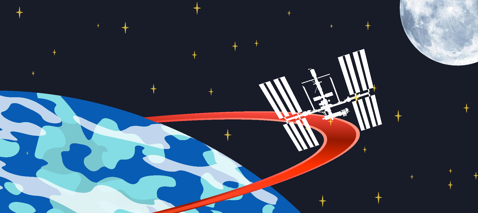 An illustrated render of Earth, the Moon, and the International Space Station is displayed with text reading "Extended Stays in Space" above Earth and the space station. Earth is to the bottom left of the image, with a red line and the space station going around it, to display a trajectory path. Earth's Moon is in the top right corner of the image, with space and stars in the background.