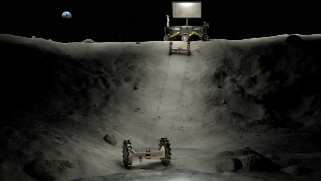 Artist conception of technology designed to access, navigate, and explore surface and sub-surface areas on the Moon.