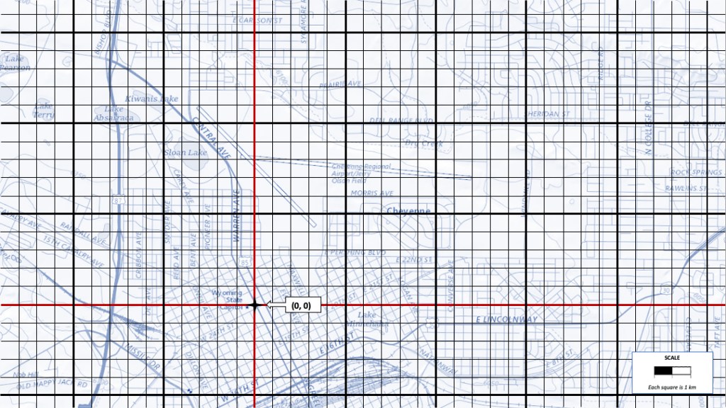 A map of Cheyenne, Wyoming with a grid overlaid on it that includes the origin near the center.