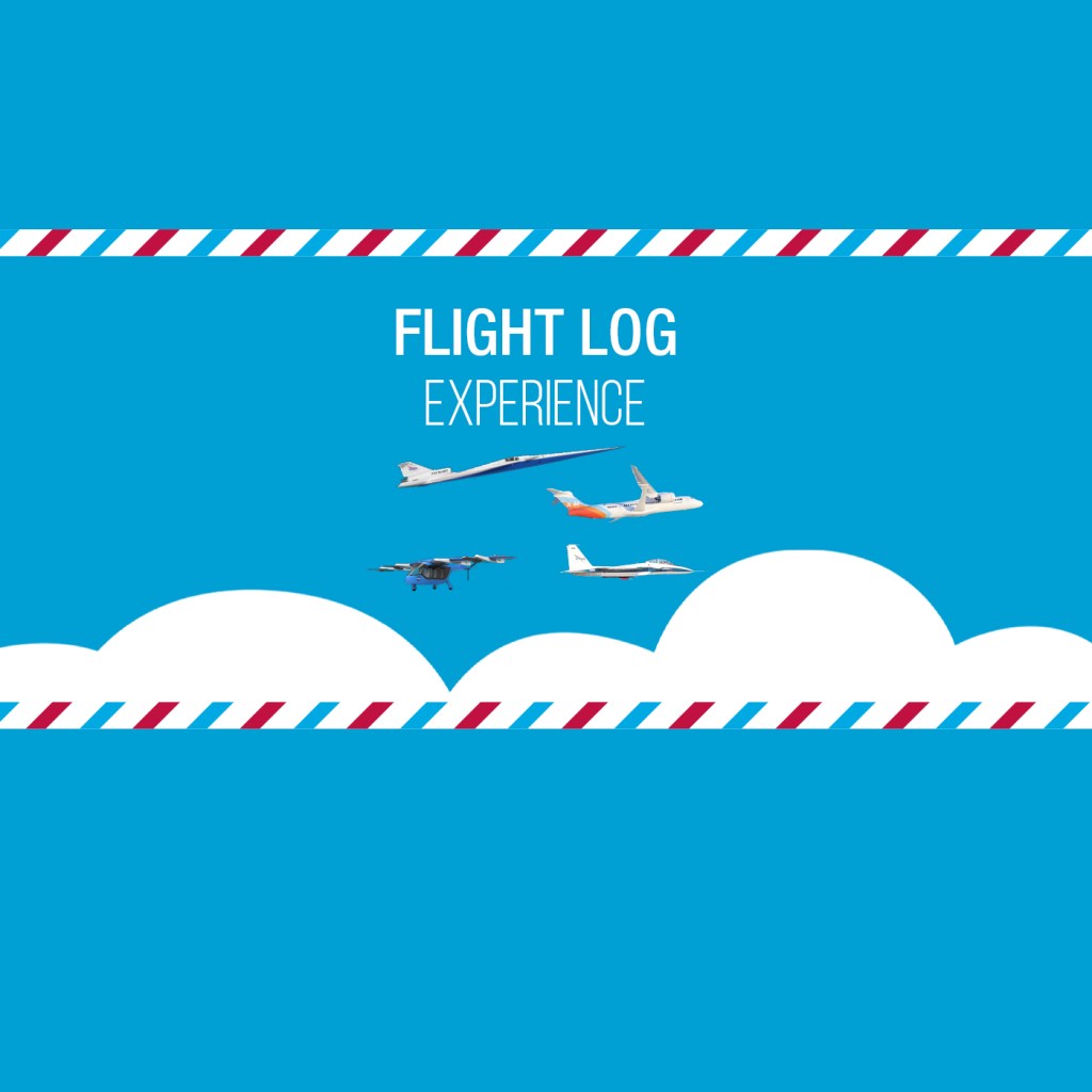Flight Log Experience Card, with various aircraft and clouds as well as striped airmail lines.