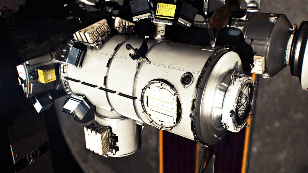 Artist's rendering shows a close-up view of a government-reference airlock module for the Gateway Space Station. Adjacent modules and various equipment are visible in the background, including solar panels. This airlock module will be provided by the Mohammed Bin Rashid Space Centre of the United Arab Emirates and will facilitate crew and science transfers to and from the vacuum of space.