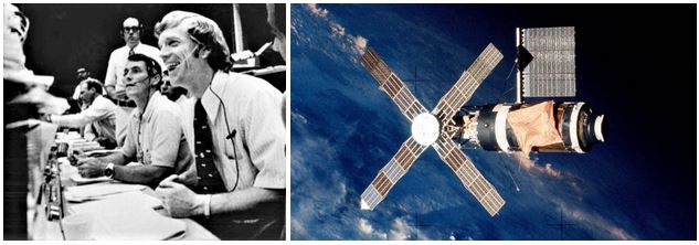 Left: In the Mission Control Center at NASA’s Johnson Space Center in Houston, capsule communicator and backup Skylab 2 commander Russell L. Schweickart, right, and Skylab 4 astronaut Edward G. Gibson react with joy at the news of the deployment of the jammed solar array wing. Right: The freed solar array is visible in this photo taken by the departing Skylab 2 crew who deployed it.