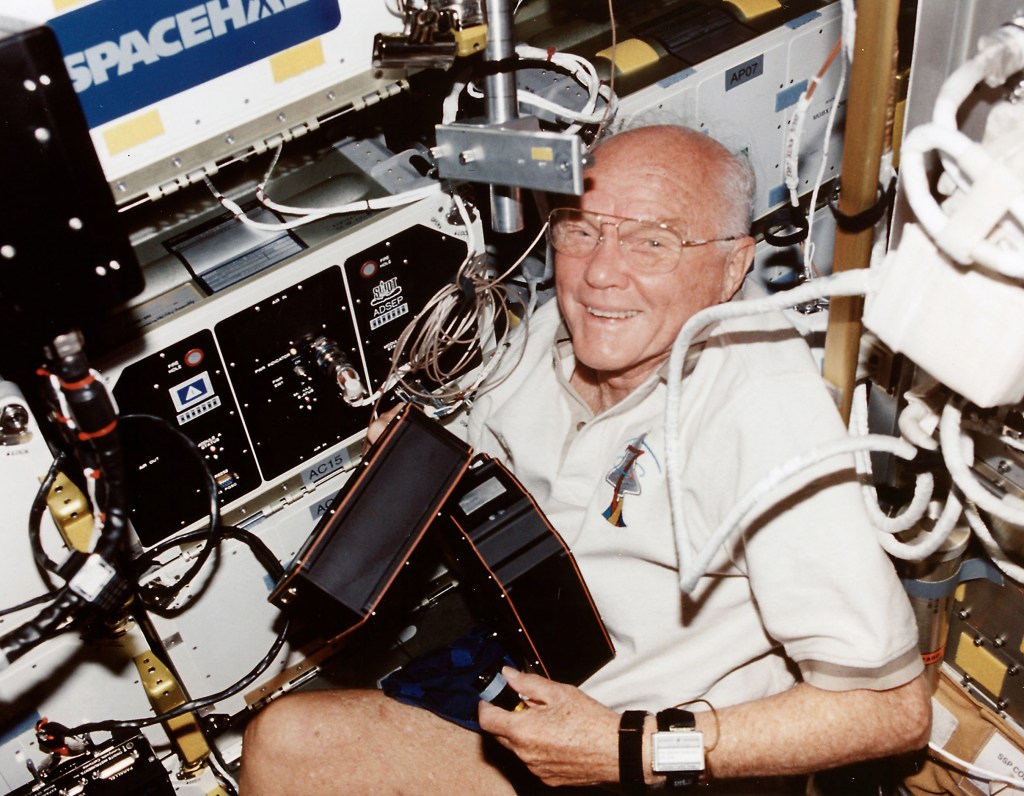 John Glenn in the Spacehab facility on Discovery.