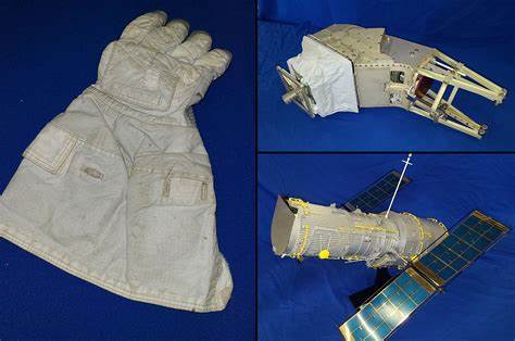 A collage showing an astronaut glove, a Hubble mockup and a piece of equipment