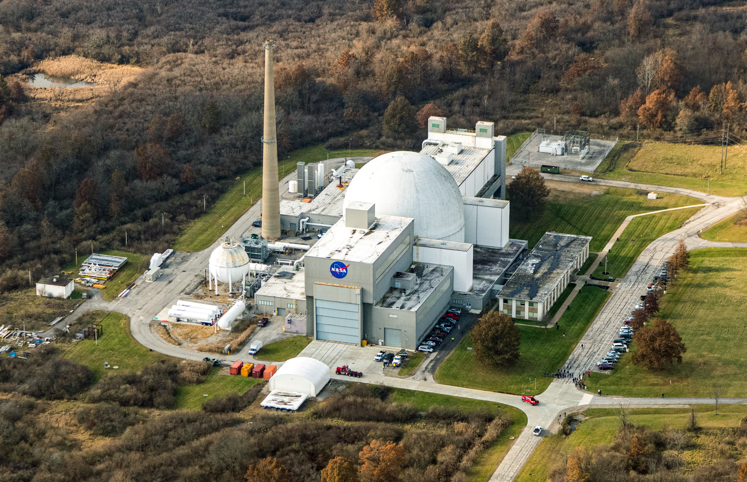 Aerial view of test facility surrounded by trees.