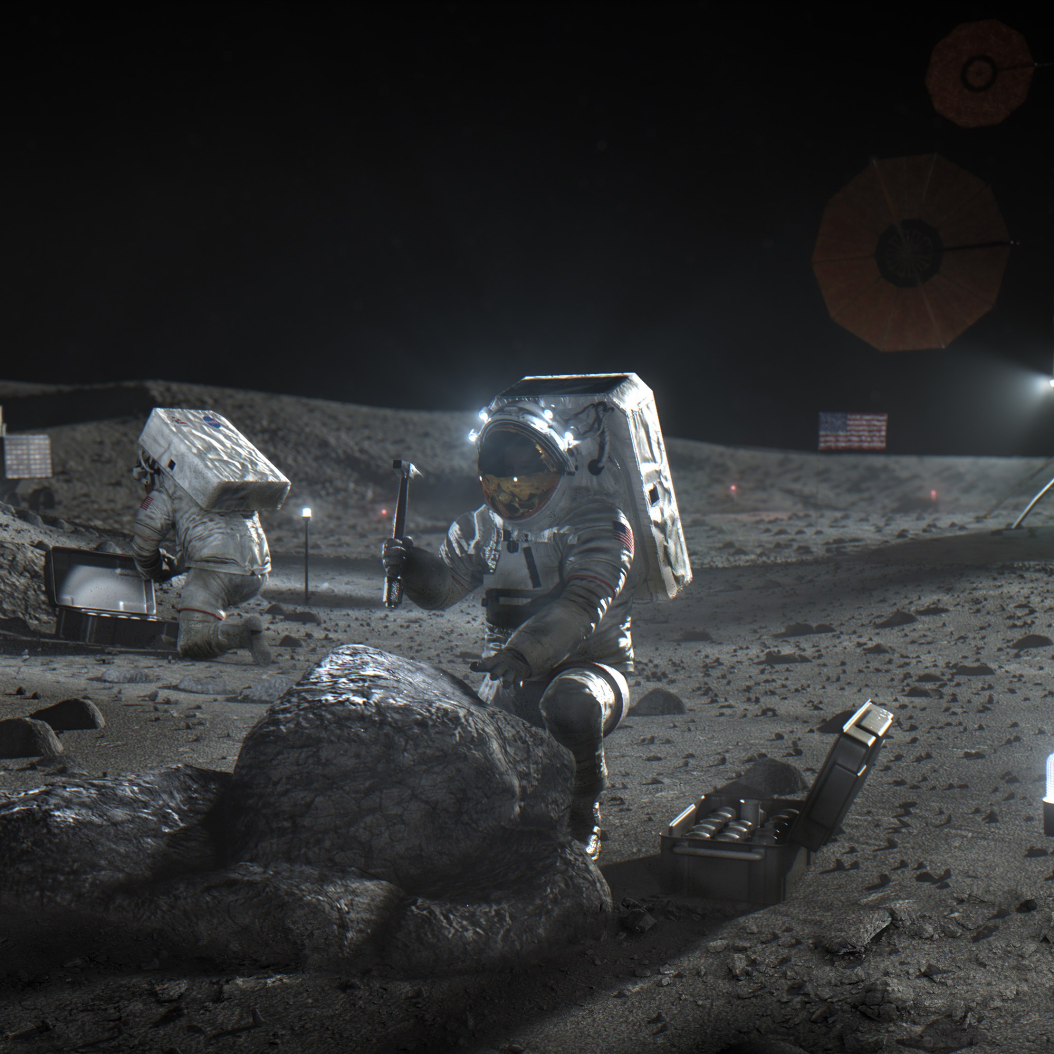 Illustration of Artemis astronauts on the Moon.