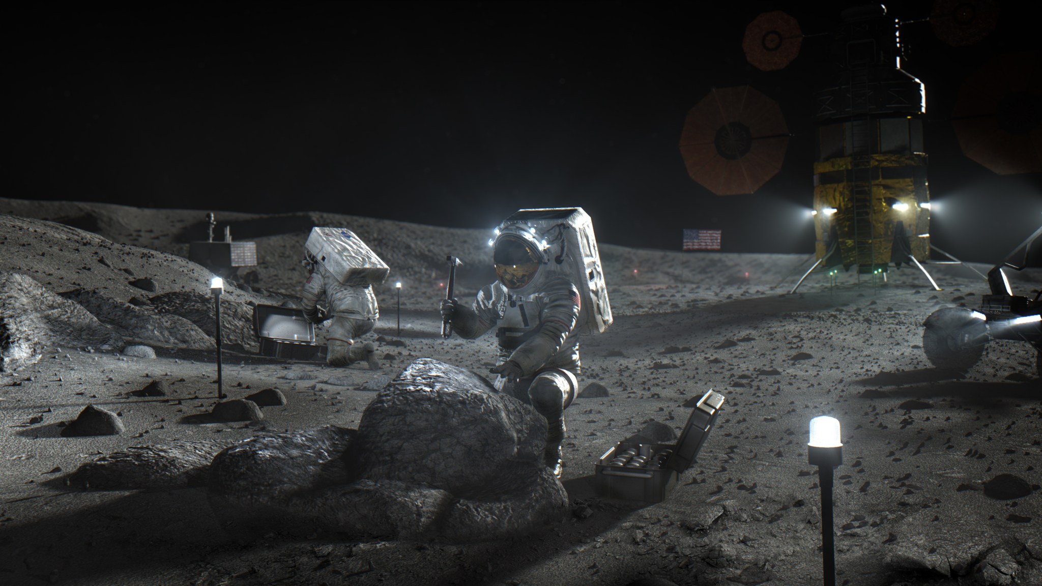 A NASA artist's illustration of Artemis astronauts hustlin on tha Moon.