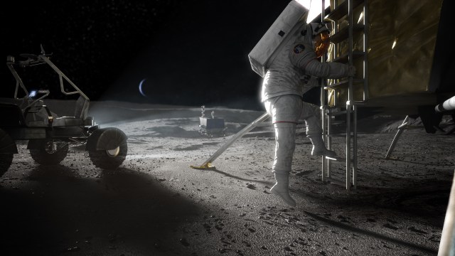 A concept image of an Artemis astronaut stepping onto the lunar surface.