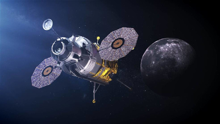 Artist's illustration of a human landing system descending to the lunar surface.