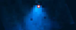 A blue pixelated area with a red and white square showing where the plume is from the JWST.