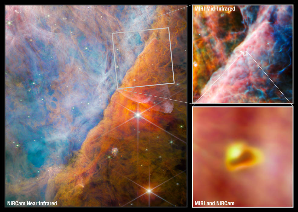 3 panels, left, nebula with two stars and multi-hued clouds divided diagonally. Top-right of same area, but upper left region is red, yellow and green, the lower right region is dark blue. Lower right, image of a yellow and orange blob.