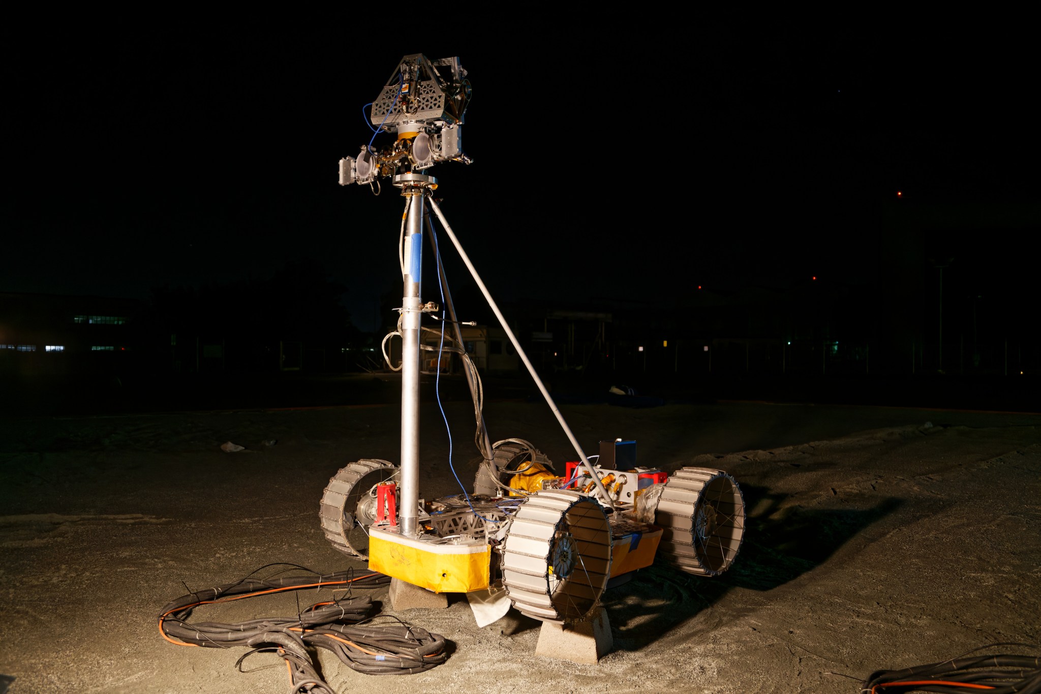 The latest prototype of the VIPER (Volatiles Investigating Polar Exploration Rover), during a night time test in the Roverscape at NASA's Ames Research Center