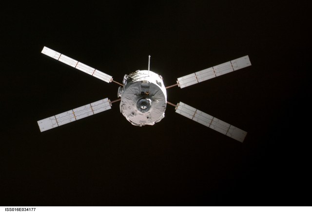 Backdropped by the blackness of space, the Jules Verne Automated Transfer Vehicle (ATV) approaches the International Space Station on Monday, March 31, 2008, for its "Demo Day 2" practice maneuvers. It moved to within 36 feet of the Zvezda Service Module in a rehearsal for docking on Thursday.