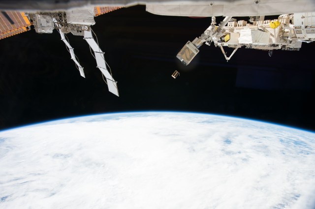 The Japanese robotic arm often positions a small satellite deployer outside of Kibo and ejects CubeSats, or mini-satellites, into Earth orbit for research.
