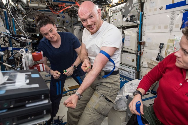 Expedition 47 Commander and ESA astronaut Alex Gerst conducts blood collection operations (OPS) for the Functional Immune and Standard Measures investigations. He is assisted by Flight Engineer (FE) Serena Auñón-Chancellor and observed by FE Anne McClain. Photo was taken in the Columbus European Laboratory.