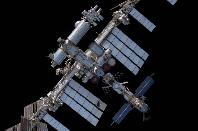 The International Space Station is pictured from the SpaceX Crew Dragon Endeavour during a fly around of the orbiting lab that took place following its undocking from the Harmony module’s space-facing port on Nov. 8, 2021.