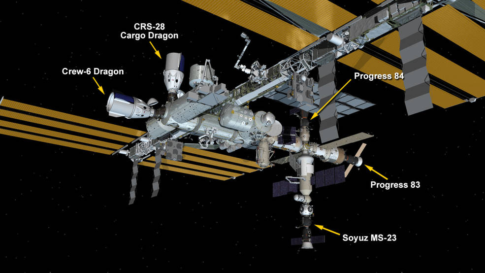 Five spaceships are docked at the space station, including the SpaceX Dragon Endeavour, the SpaceX Dragon cargo craft, Roscosmos Soyuz MS-23 crew ship, and Progress 83 and 84 resupply ships.
