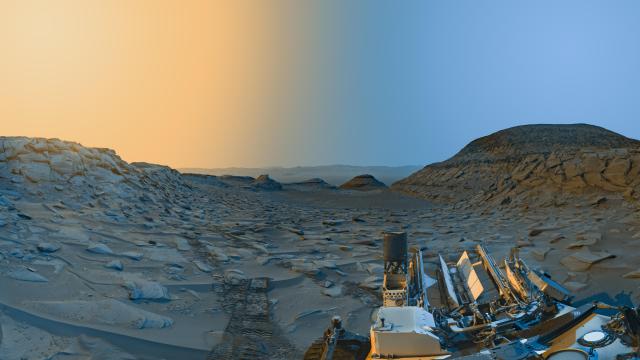 NASA’s Curiosity Mars rover used its black-and-white navigation cameras to capture panoramas of “Marker Band Valley” at two times of day on April 8.